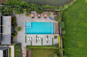 Draufsicht auf einen Swimmingpool mit Liegestühlen in der Unterkunft Beyond by Sula in Nashik