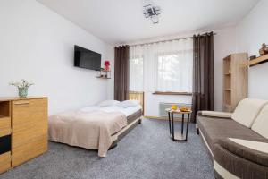 una habitación de hotel con una cama y un sofá en Bright Studio with Balcony in Murzasichle by Noclegi Renters, en Murzasichle