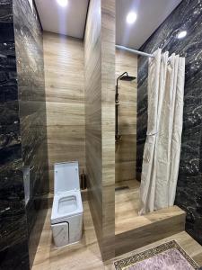 ein Badezimmer mit Toilette und Dusche in der Unterkunft Двухкомнатная квартира в жилом доме ЖК Арман/ One-bedroom apartment in Arman residential complex in Atyrau