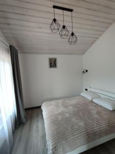 a bedroom with a large bed with lights hanging from the ceiling at Family House Volosianka in Volosyanka