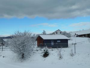 a small house in a field with snow on it at Family House Volosianka in Volosyanka