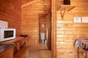 オルノスにあるCamping Montillana con Bungalowsのログキャビンのバスルーム(トイレ付)、テレビが備わります。