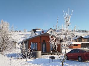 a house with a car parked in the snow at Family House Volosianka in Volosyanka