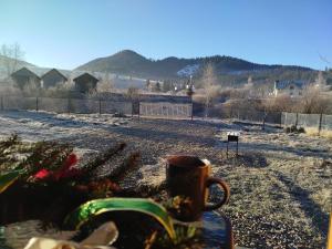 a coffee cup sitting on a table next to a christmas tree at Family House Volosianka in Volosyanka