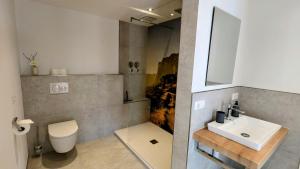 a bathroom with a sink and a toilet and a mirror at Ferienwohnung Alpenlift in Bolsterlang Sommerbergbahn kostenlos in Bolsterlang
