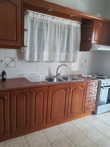 a kitchen with wooden cabinets and a sink and a stove at Gik Houses in Zacharo +5 photos