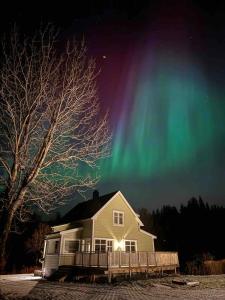 Ein Haus mit der Aurora im Himmel in der Unterkunft Arctic photo retreat Lofoten - lakehouse Bjørkly in Vestvågøya