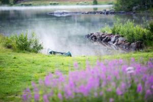 ein Boot im Gras neben einem Wasserkörper in der Unterkunft Arctic photo retreat Lofoten - lakehouse Bjørkly in Vestvågøya