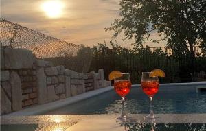 two glasses of wine sitting on a table next to a pool at Casa Zamarija in Labin