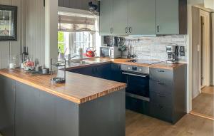 una cucina con armadi blu e ripiano in legno di Pet Friendly Home In Rena With Wifi a Rena