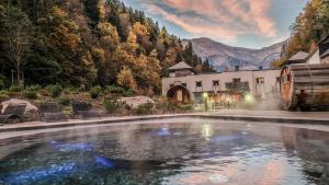 La Cabane Charmant T2 avec jardin centre village في سان جيرفيه ليه بان: مسبح امام بيت فيه جبل