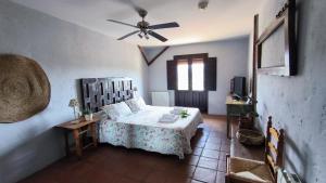 DurónCasa Rural El Botánico的带床和吊扇的卧室