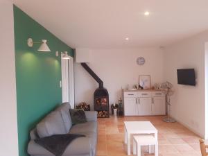 un salon avec un canapé et une cheminée dans l'établissement Gîte Les Mimosas - 2 à 4 personnes - Vue imprenable, à Largentière