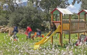 a playground with a slide in a field of flowers at Quadri in Orosei +11 photos