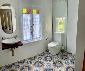 a bathroom with a sink and a toilet and a mirror at Loretta- a rustic country cottage in Brookfield +23 photos