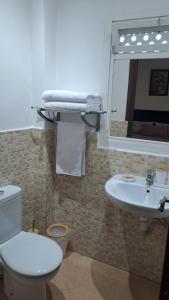 a bathroom with a toilet and a sink and a mirror at L'ombre appart in Tangier