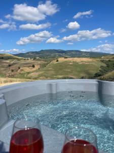 a hot tub with two glasses of red wine at Glamping Le Dune in Cinigiano