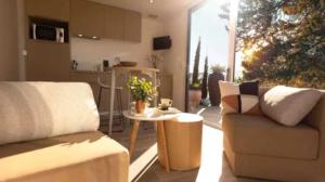 カネ・アン・ルシヨンにあるCamping 4 étoiles - Piscine - ccaaeagのソファとテーブルのあるリビングルーム