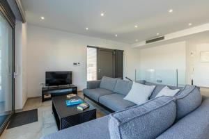 a living room with a blue couch and a tv at Sage Villa by Vintage Travel in Tavronitis