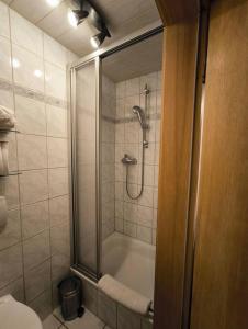 a bathroom with a shower with a glass door at Pension im Charme der 90er in Trier +7 photos