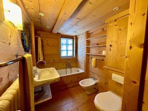 a bathroom with a sink and a toilet in a cabin at 300 years old Chalet close to Center ski-lift in Chateau-d'Oex +25 photos