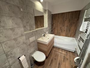 a bathroom with a toilet and a sink and a tub at 4 Seasons Apartment Sinaia in Sinaia +11 photos