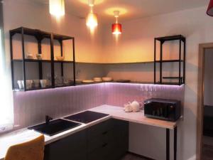 a kitchen with a counter with a sink and a microwave at Vista premium apart in Choszczówka