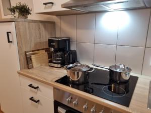 a kitchen with two pots on a stove at Auszeit in der Vulkaneifel in Üdersdorf