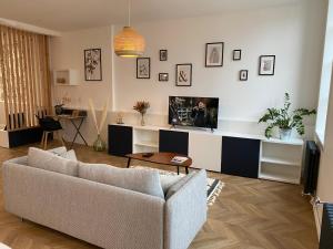 Una sala de estar con un sofá y un televisor. en Magnifique Appartement Vieux Port Refait à Neuf, en La Rochelle 6 fotos más