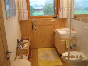 a bathroom with a sink and a toilet and a window at Holz100 Zimmer mit Rigiblick in Steinen