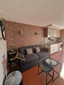 a living room with a couch and a brick wall at La Chrysalide - Classé 3 étoiles - 4 pers - Port du Cap d'agde - Plage - Clim - Wifi - Histoire de clés in Cap d'Agde +13 photos