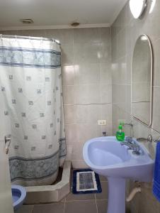 a bathroom with a sink and a shower curtain at La Casita in Mar del Plata
