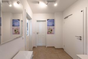 a bathroom with a walk in shower and a mirror at Kapitänsdeck 534 in Rechlin +22 photos