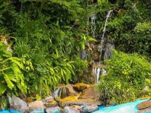 a waterfall in the middle of a forest with rocks at Sisiliyana Stone Resort in Gonapola