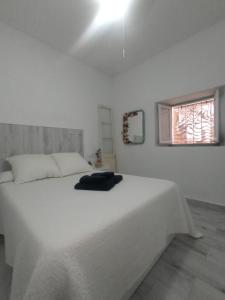 a white bedroom with a white bed with a blanket on it at Casa Encarnita in Arcos de la Frontera