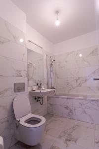 a bathroom with a toilet and a sink and a tub at Oasis Retreat Rasnov in Râşnov