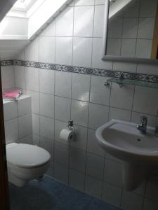 a bathroom with a toilet and a sink at Ferienwohnung Wangerooge in Burhave in Butjadingen +19 photos