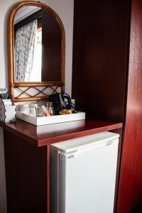 a bathroom with a mirror and a white refrigerator at Colenso Lodge B&B in Colenso +78 photos
