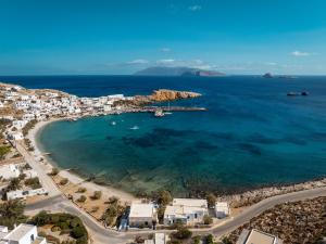 an aerial view of a beach with a harbor at ANETON Residences in Karavostasi
