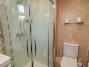 une salle de bain avec douche et toilettes dans l'établissement Riverside Cottage, à Warkworth 22 autres photos