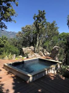 a pool of water on a deck with trees in the background at Villa d'architecte in Sotta
