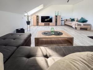 a living room with two couches and a tv at Ferienwohnung Brigitte in Nördlingen