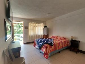 a bedroom with a bed and a desk and a window at Hotel Xetawaa´l in San Pedro La Laguna +33 photos