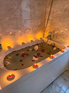 a bath tub with christmas lights in it at Şifaköy Bungalov in Sapanca