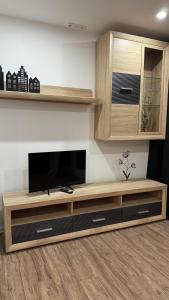 a entertainment center with a television in a living room at Ferienwohnung-Monteurwohnung ANTON bis zu 4 Personen in Kleve, zentrale Lage in Kleve