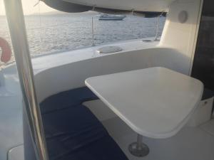 莱特鲁瓦西莱Catamaran baie des 3 ilets的船背上设有白色厕所的船