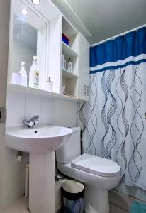 a bathroom with a sink and a toilet and a shower curtain at Acogedor departamento en Caldera, Bahía Inglesa, con Aire Acondicionado in Caldera