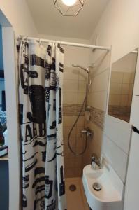 a bathroom with a shower curtain and a sink at La room in Joue-les-Tours