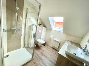une salle de bain avec une douche, un lavabo et des toilettes dans l'établissement Glanzstück, à Hasselfelde 35 autres photos