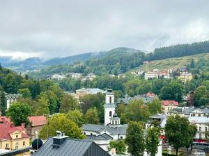 uitzicht op een stad met een berg op de achtergrond bij Widok Marzeń Sun&Ski Romantic Art House z garażem in Krynica Zdrój